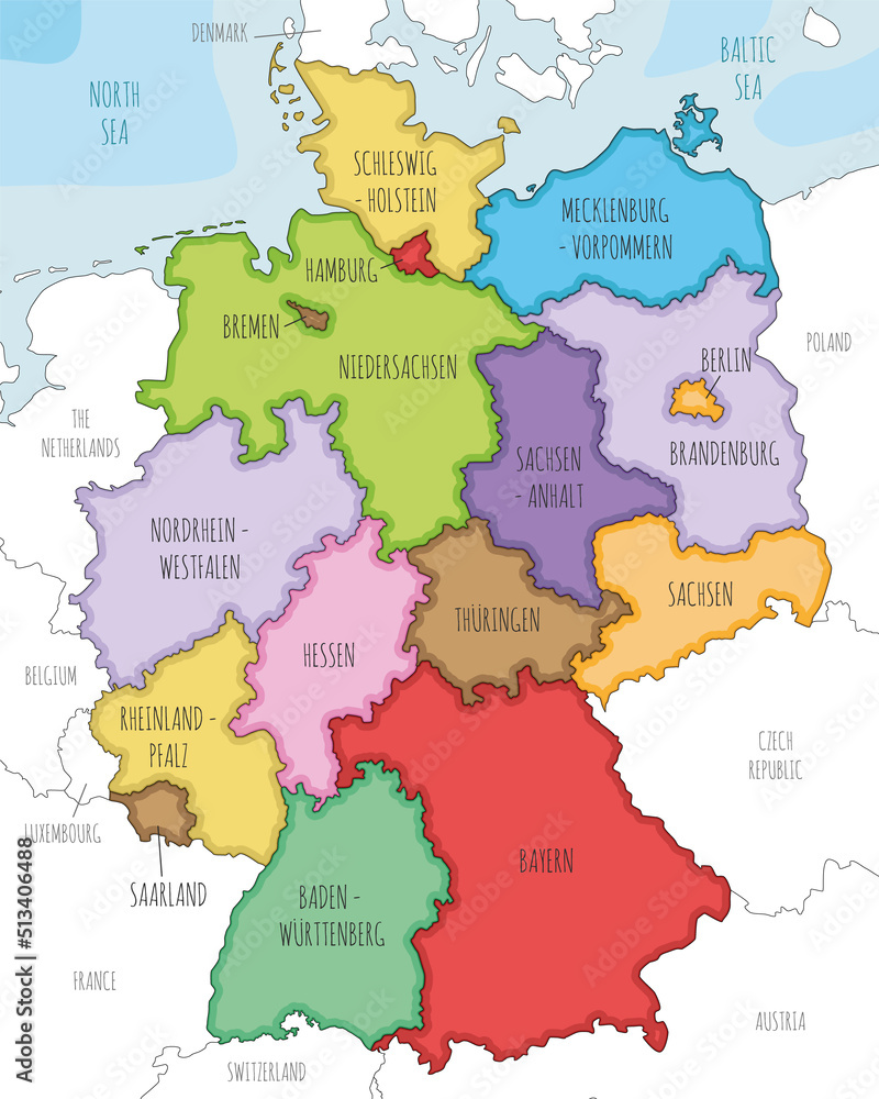 Vector illustrated map of Germany with federated states or regions and administrative divisions, and neighbouring countries. Editable and clearly labeled layers.