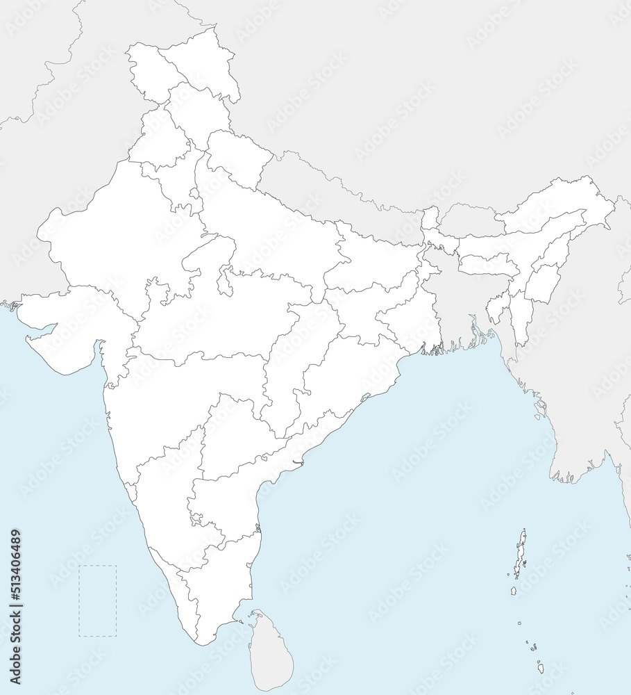 Vector blank map of India with states and territories and administrative divisions, and neighbouring countries. Editable and clearly labeled layers.