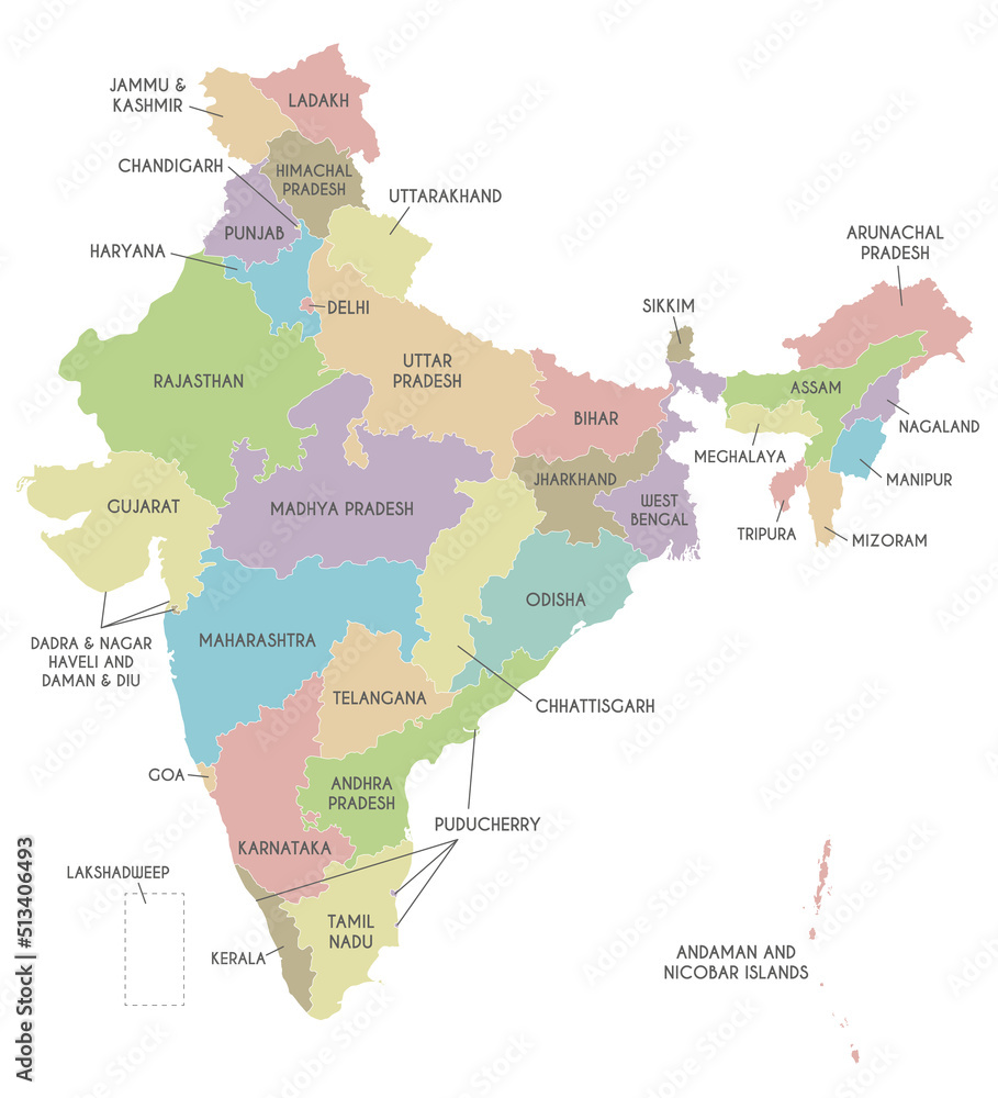 Vector map of India with states and territories and administrative divisions. Editable and clearly labeled layers.