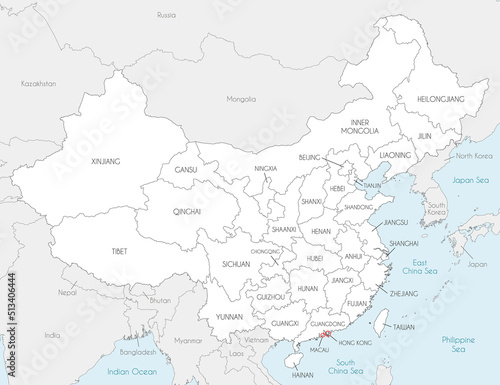 Vector map of China with provinces  regions and administrative divisions  and neighbouring countries. Editable and clearly labeled layers.