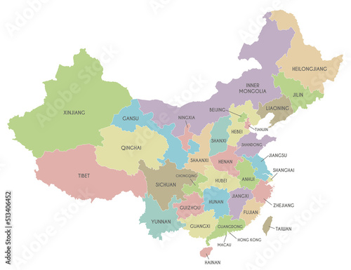 Vector map of China with provinces, regions and administrative divisions. Editable and clearly labeled layers.