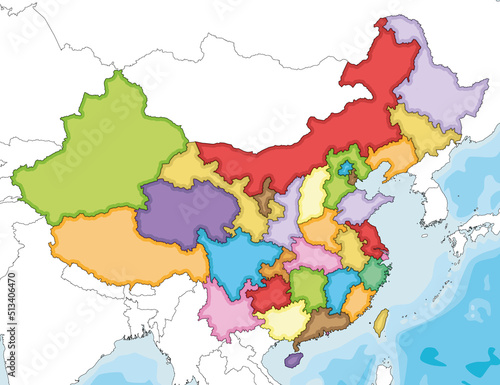 Vector illustrated blank map of China with provinces, regions and administrative divisions, and neighbouring countries. Editable and clearly labeled layers.