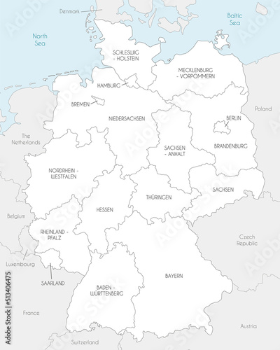Vector map of Germany with federated states or regions and administrative divisions  and neighbouring countries. Editable and clearly labeled layers.