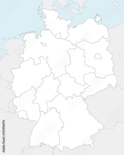 Vector blank map of Germany with federated states or regions and administrative divisions, and neighbouring countries. Editable and clearly labeled layers.