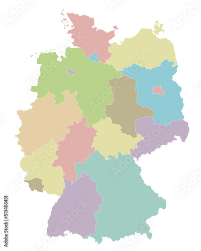 Vector blank map of Germany with federated states or regions and administrative divisions. Editable and clearly labeled layers.