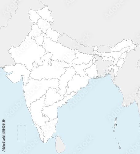 Vector blank map of India with states and territories and administrative divisions  and neighbouring countries. Editable and clearly labeled layers.