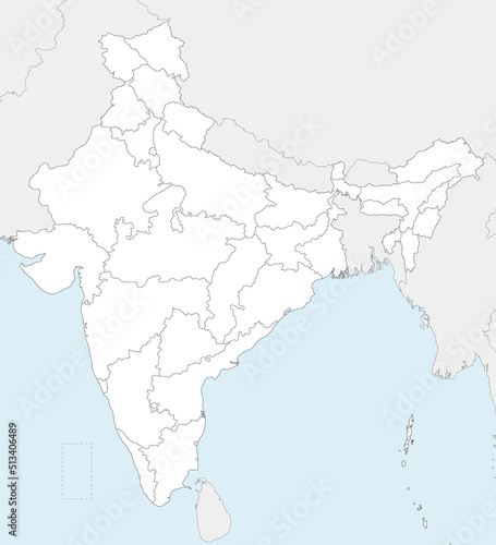 Vector blank map of India with states and territories and administrative divisions, and neighbouring countries. Editable and clearly labeled layers.