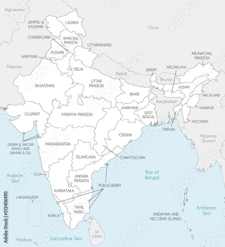 Vector map of India with states and territories and administrative divisions, and neighbouring countries. Editable and clearly labeled layers.