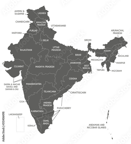 Vector map of India with states and territories and administrative divisions. Editable and clearly labeled layers.