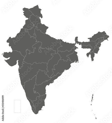 Vector blank map of India with states and territories and administrative divisions. Editable and clearly labeled layers.