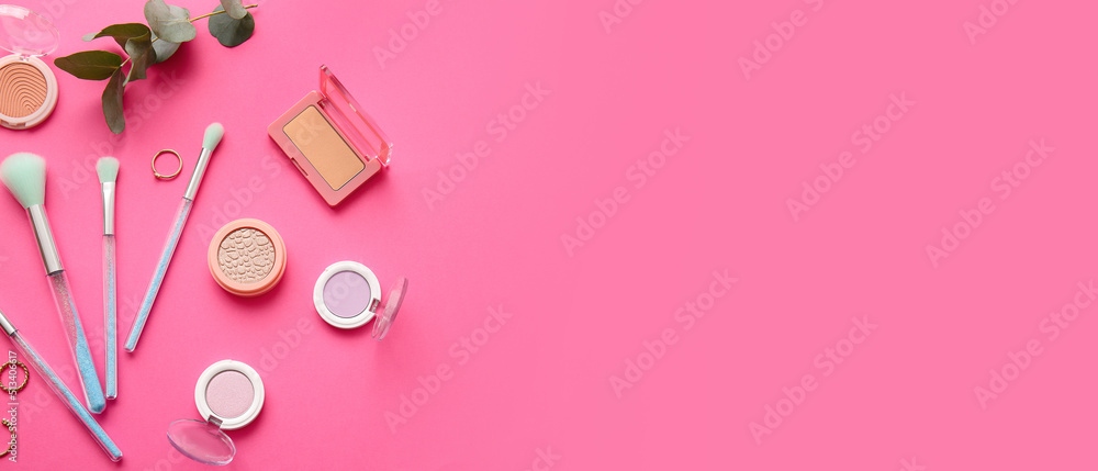 Set of decorative cosmetics and accessories on pink background with space for text, top view