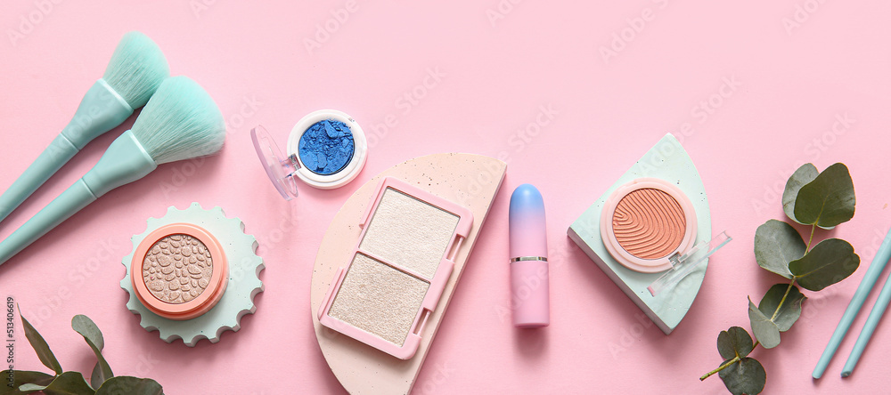 Set of decorative cosmetics and accessories on pink background, top view