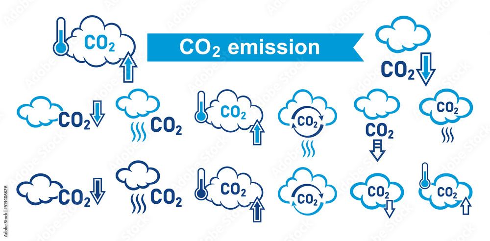 CO2 emission reduction, carbon dioxide greenhouse gas reduce line icon set. Low carbonic smoke air pollution. Smog cloud, combustion product. Atmosphere contamination. Global climate warming. Vector  