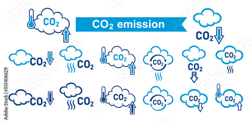CO2 emission reduction, carbon dioxide greenhouse gas reduce line icon set. Low carbonic smoke air pollution. Smog cloud, combustion product. Atmosphere contamination. Global climate warming. Vector  