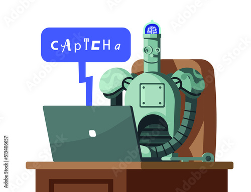evil robot bot using a computer in the office