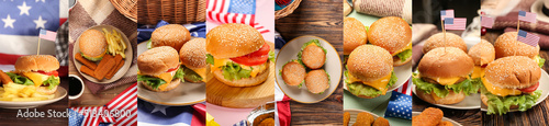 Set of traditional American burgers on table