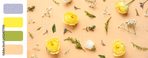Composition with beautiful flowers on beige background. Different color patterns