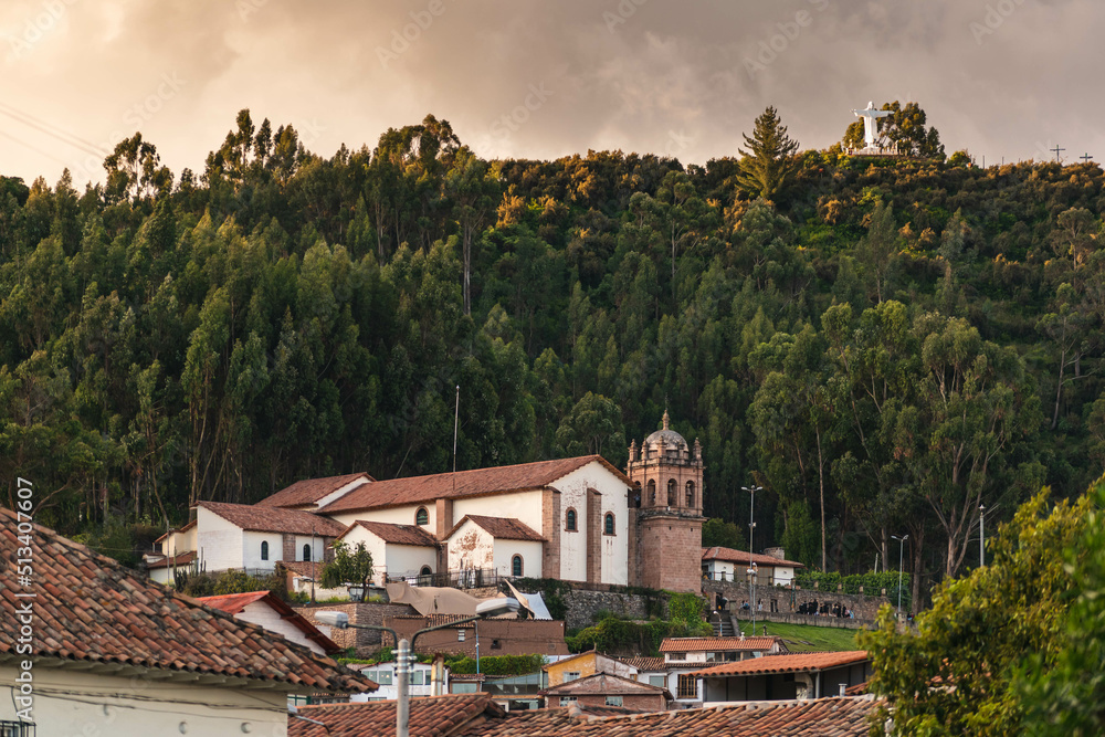 Temple up the hill in cuzco, peru.
Catholic church near a christ monument looking down to the city Temple up the hill in cuzco, peru.
Catholic church near a christ monument looking down to the city
