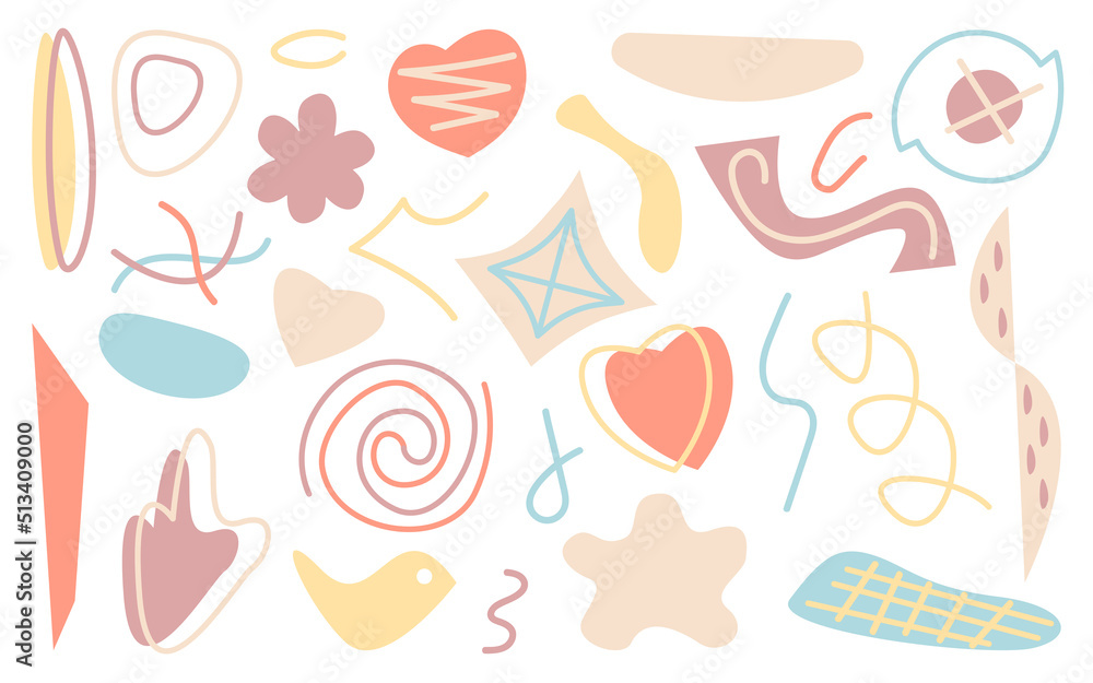 Abstract hand drawn various shapes and doodle objects set. Modern trendy collection. Minimalist forms. Design for banners, brochures and covers. Pastel geometric background. Vector illustration Abstract hand drawn various shapes and doodle objects set. Modern trendy collection. Minimalist forms. Design for banners, brochures and covers. Pastel geometric background. Vector illustration
