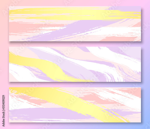 Grunge banner ink stain texture delicate pastel set. Candy marshmallow dry brush banner greeting card ad background web header. Pink gold purple colors wedding holiday template liquid frame isolated