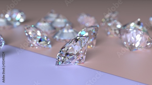 Shiny Diamonds on sky pink-purple surface background. Concept image of luxury living  expensive things and high added value. 3D CG. High resolution.