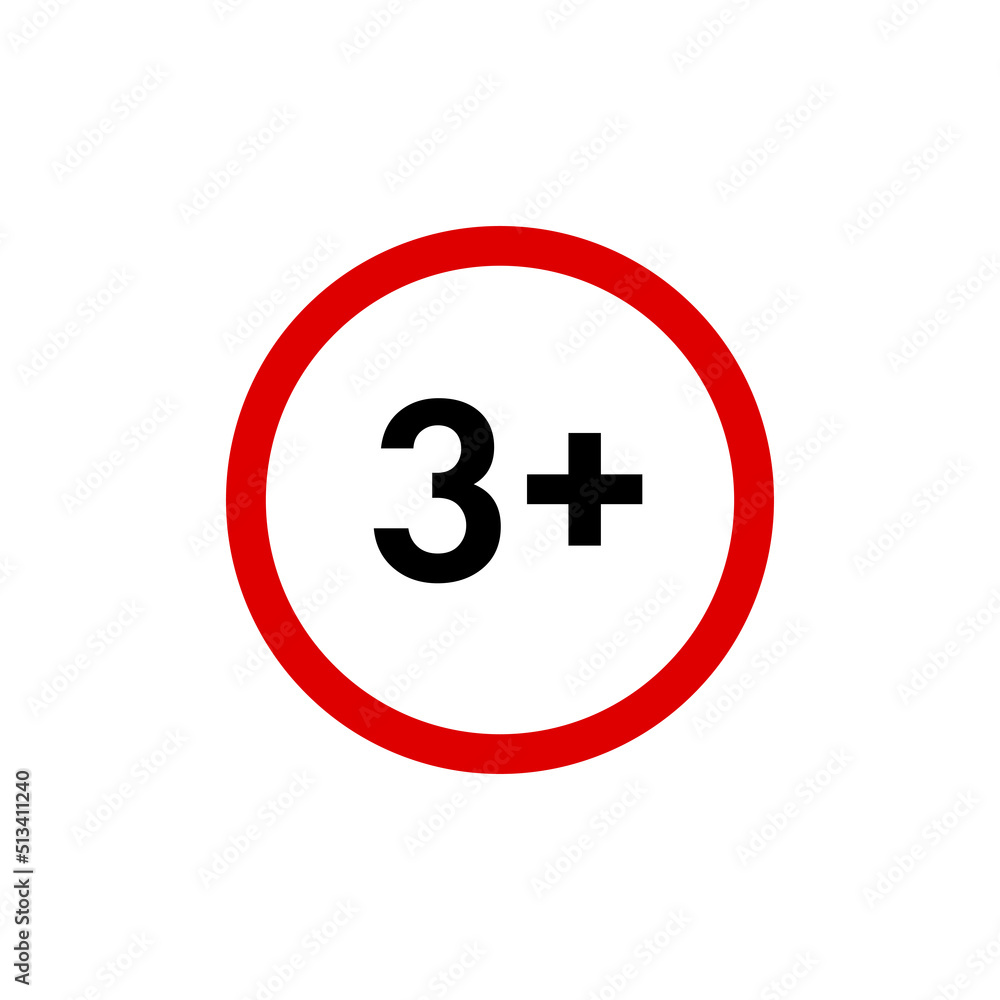 Three plus icon, under 3 years old prohibition sign, age restriction symbol isolated on white. Vector illustration. Three plus icon, under 3 years old prohibition sign, age restriction symbol isolated on white. Vector illustration.