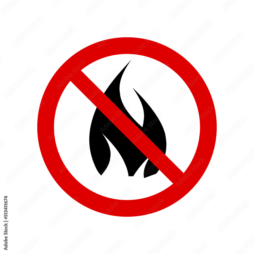 NO FIRE prohibition sign. No symbol, do not sign, circle backslash symbol, nay. Printable sticker, prohibited symbol, dont do it symbol isolated on white. Vector illustration. NO FIRE prohibition sign. No symbol, do not sign, circle backslash symbol, nay. Printable sticker, prohibited symbol, dont do it symbol isolated on white. Vector illustration.