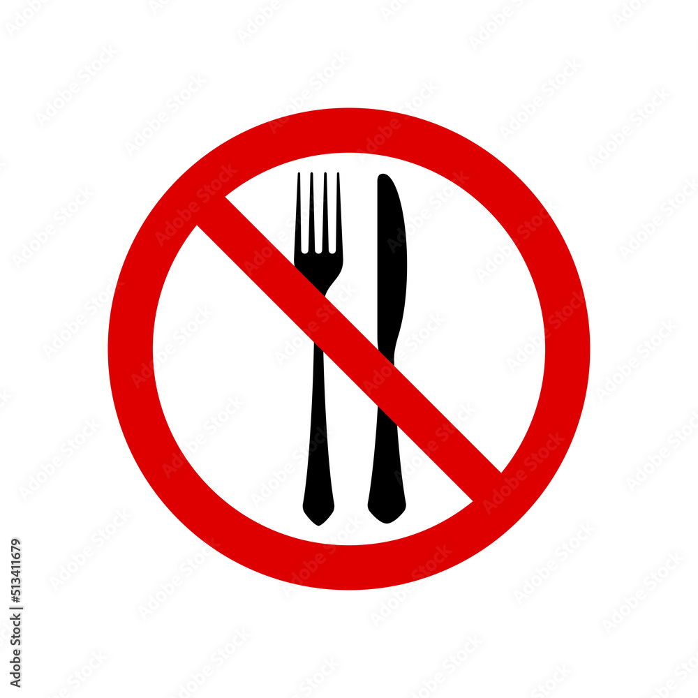 Do not eat prohibition sign. No sign, circle backslash symbol, nay. Printable sticker, prohibited symbol, dont do it symbol isolated on white. Vector illustration. Do not eat prohibition sign. No sign, circle backslash symbol, nay. Printable sticker, prohibited symbol, dont do it symbol isolated on white. Vector illustration.