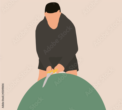 Man gardener cutting leaves using big scissors to cut bushes in summer day. Trimming Plants Vector illustration.