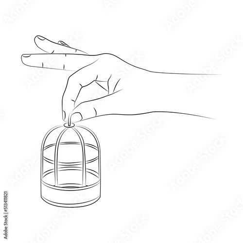 Hand gracefully holds an empty bird cage. Concept of freedom, leaving comfort zone, liberation from restraining restrictions. An outside perspective on existing problems. Sketch, linear drawing