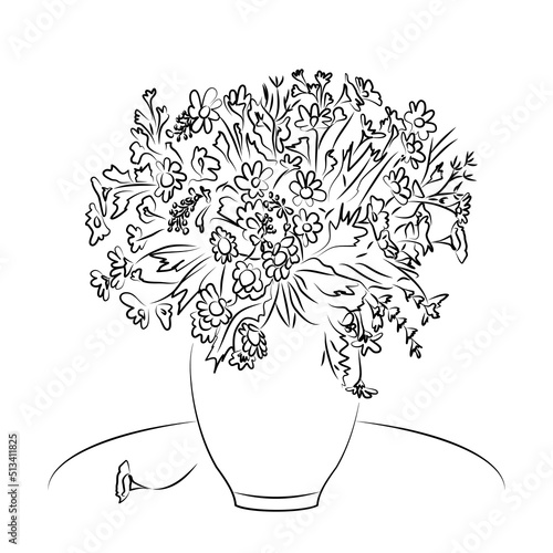 An elegant vintage vase with bouquet of wild flowers stands on round table. Close-up silhouette of vase with flowers. Beautiful still life. Home comfort. Sketch, linear drawing in minimalist style