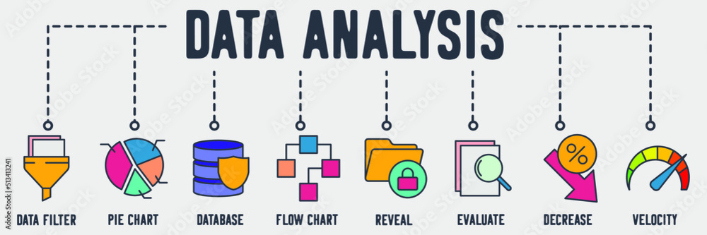 Data analysis banner web icon. data filter, pie chart, database, flow ...