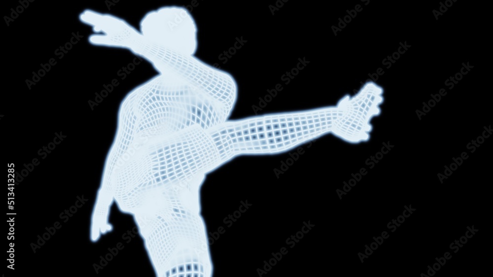 Fototapeta premium Abstract football player which consists of blue illuminated line on dark background. Concept 3D illustration of sports technology.