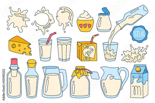 Milk food doodle cartoon set. Farm foodstuff cheese and yogurt, drink in glass, jug, bottle, carton package line design. White pouring milk splashes drops drip. Natural dairy products graphic element