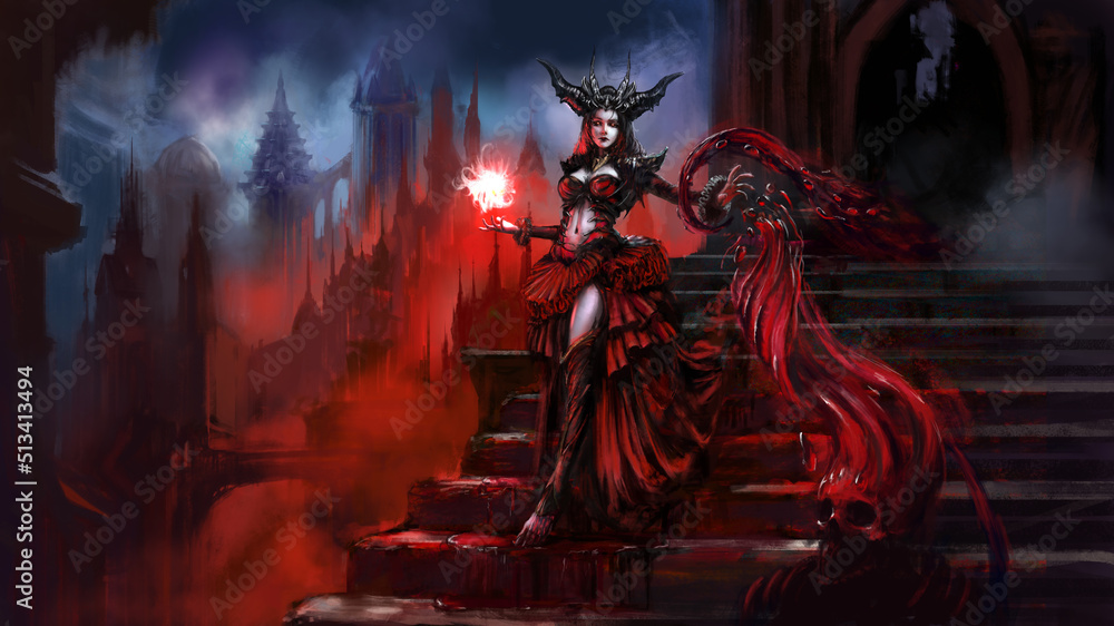 Naklejka premium A beautiful ancient demoness vampire uses blood magic to create a skeleton warrior in a gothic castle as she descends the forest. Digital drawing style, 2D illustration