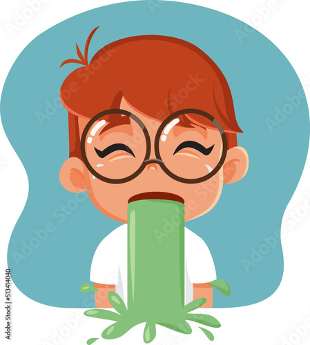 Little Boy Vomiting Feeling Sick Vector Cartoon. Small child feeling ill having a parasitic childhood disease 
