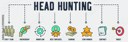 Head Hunting banner web icon. staff team, partnership, workflow, best employee, earning, star winner, contract, target vector illustration concept.