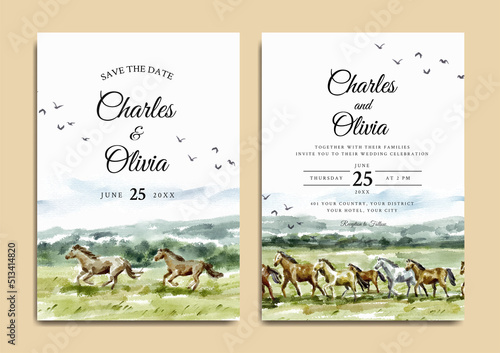 Wedding invitation of running horses in savannah nature landscape watercolor