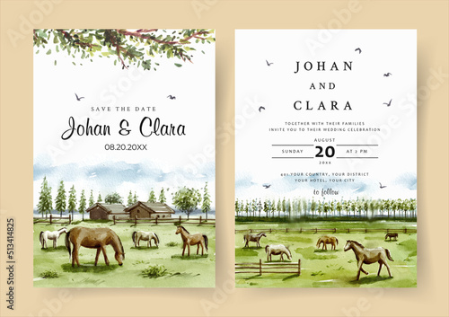 Wedding invitation of horse farm landscape watercolor