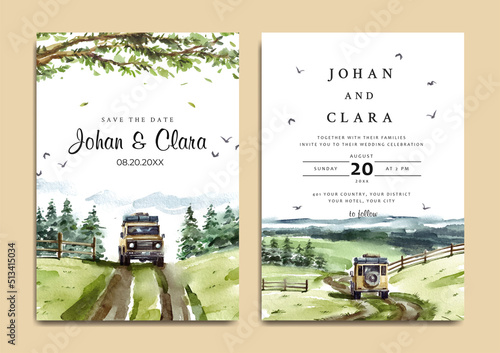 Watercolor wedding invitation set of road trip 