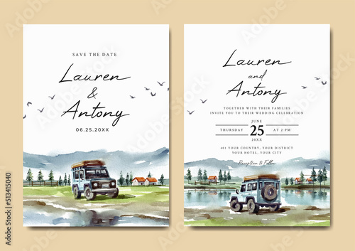 Wedding invitation set of road trip with lake view watercolor