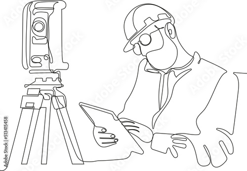 Close up of young Caucasian worker with helmet on head using tablet for work while standing in warehouse. Surveyor with a tripod icon. Geodesic tripod. Vector illustration