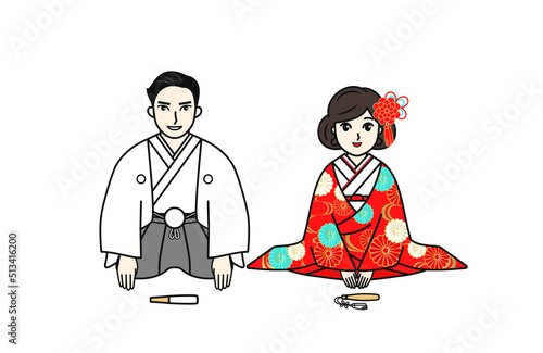 和装の新郎新婦が笑顔で並んで座っているイラスト　色打掛　色紋付羽織袴