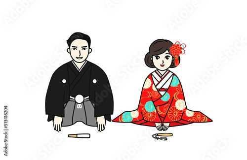 和装の新郎新婦が笑顔で並んで座っているイラスト　色打掛　黒紋付羽織袴