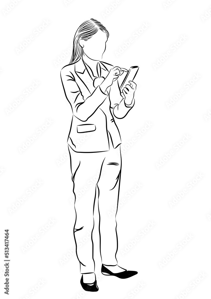 graphics outline business woman standing and use a Smart Phone, vector illustration graphics outline business woman standing and use a Smart Phone, vector illustration