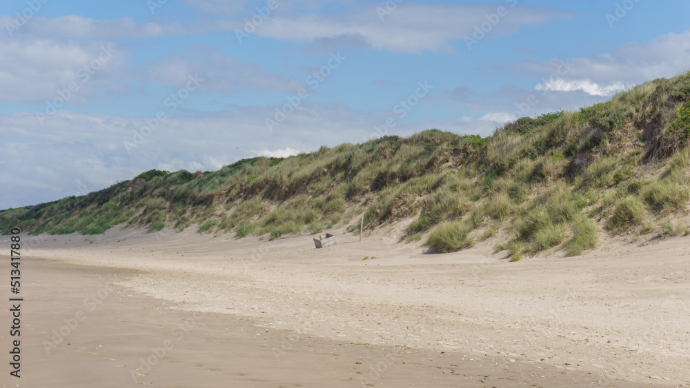 dune at beach at North Sea with green grass, Bray-Dunes, France
