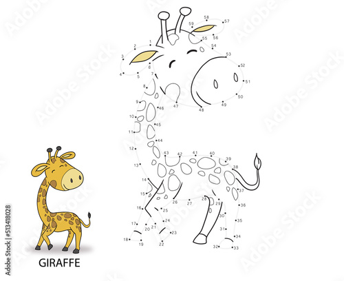 connect  dot to dot game. numbers game. draw a line. vector illustration of cute giraffe cartoon. educational games for kids © wisnu_Ds