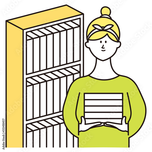 本棚の整理をしている女性のイラスト素材