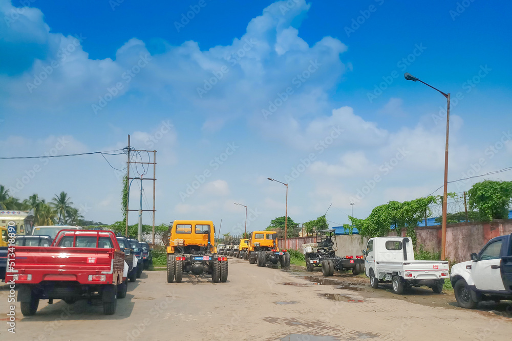 PETRAPOLE, WEST BENGAL , INDIA - JUNE 2ND 2018 : Indian side of international border between India and Bangladesh . Benapole is Bangladesh side. Bi lateral trade gateway between two countries.