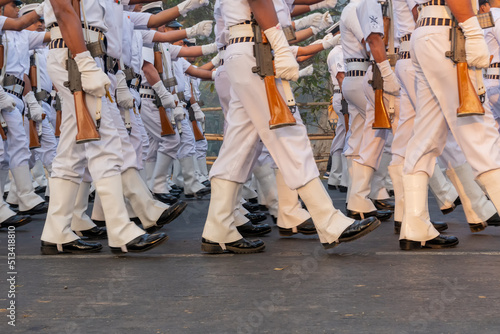 RED ROAD, KOLKATA, WEST BENGAL / INDIA - 21ST JANUARY 2018 : Indian armed force Officers are marching past in all white dress, preparing for show for India's republic day celebarion on 26.01.2018. photo